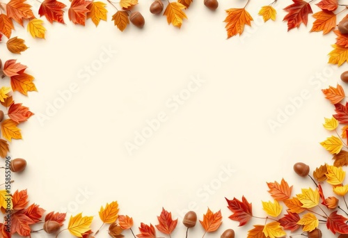 Rustic autumn border of leaves & acorns surrounding empty space on beige, october, red