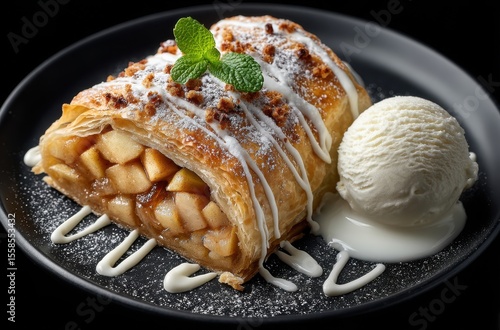 Delicious apple strudel dessert with creamy vanilla ice cream served on a black plate garnished with mint leaves and drizzled with sauce