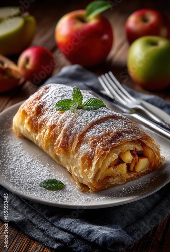 Delicious apple strudel dessert with flaky pastry, dusted with powdered sugar, served on a white plate with fresh mint and apples in the background