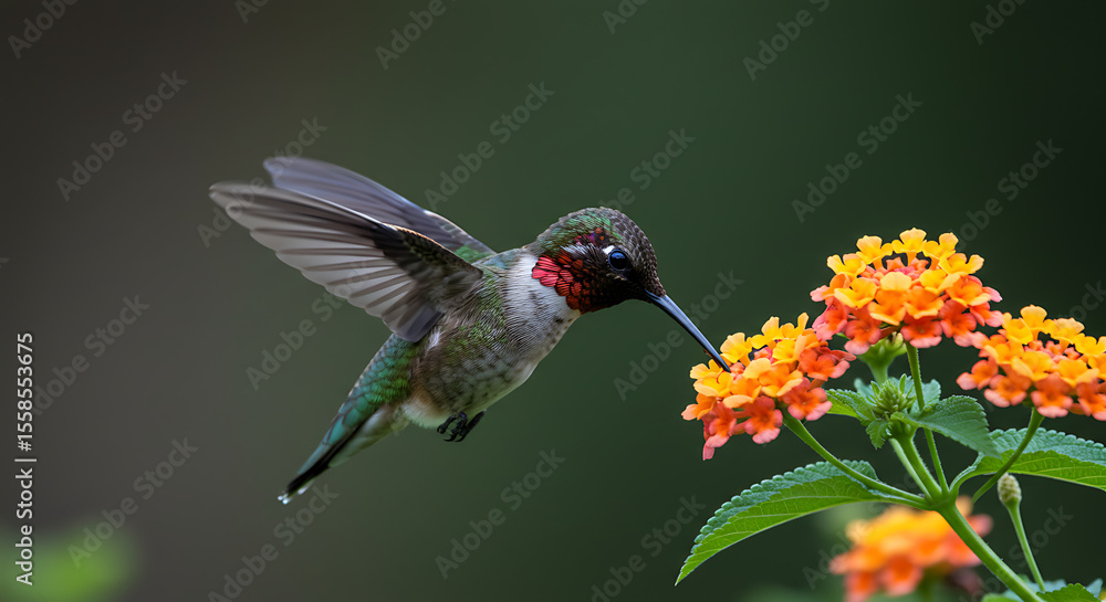 Fototapeta premium Hummingbird with vibrant red throat hovers near orange lantana flowers, feeding on nectar.