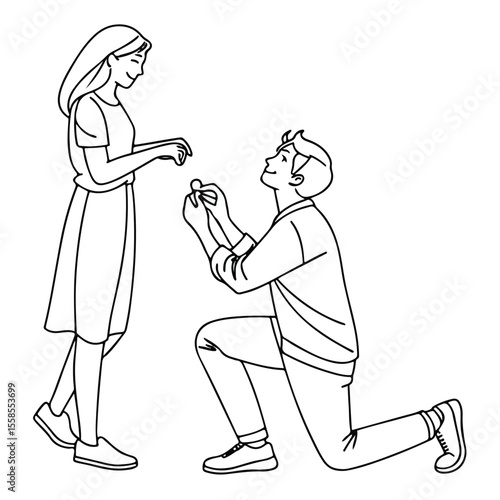 Charming hand-drawn scene of a man proposing to his beloved, creating a timeless symbol of affection and commitment