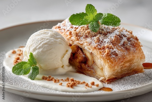 Delicious apple strudel pastry served with creamy vanilla ice cream and mint garnish on a white plate with a light dusting of powdered sugar
