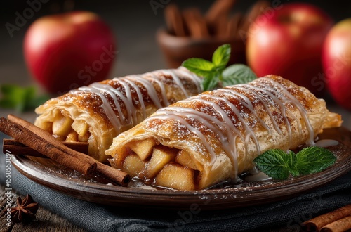Delicious apple strudel pastry with cinnamon sticks and fresh mint served on a rustic plate, surrounded by red apples and warm spices, perfectly baked treat