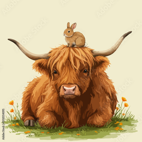 Cute highland cow with a bunny sitting on its head in a field