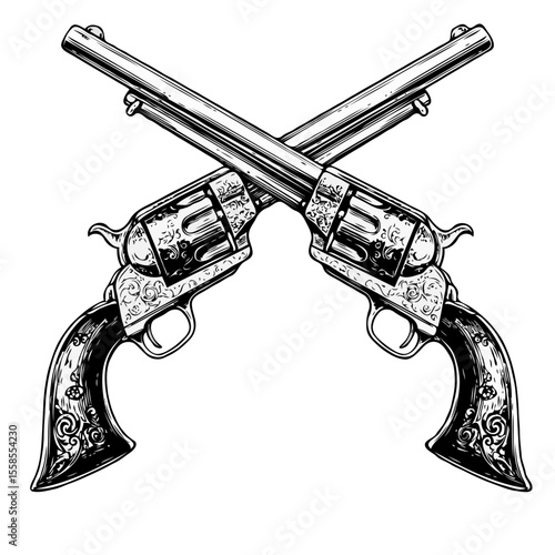 Ornate vintage revolvers crossed in a classic western duel illustration