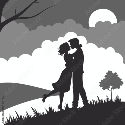 Silhouette of a couple in a dreamy landscape, capturing the quiet intensity of love in a night-themed romantic vector.