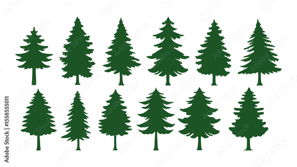 Fototapeta premium A row of evergreen tree silhouettes in various sizes