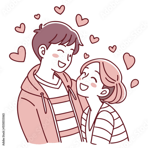 A smiling couple surrounded by floating hearts shares a cute and romantic moment filled with happiness and youthfulness.