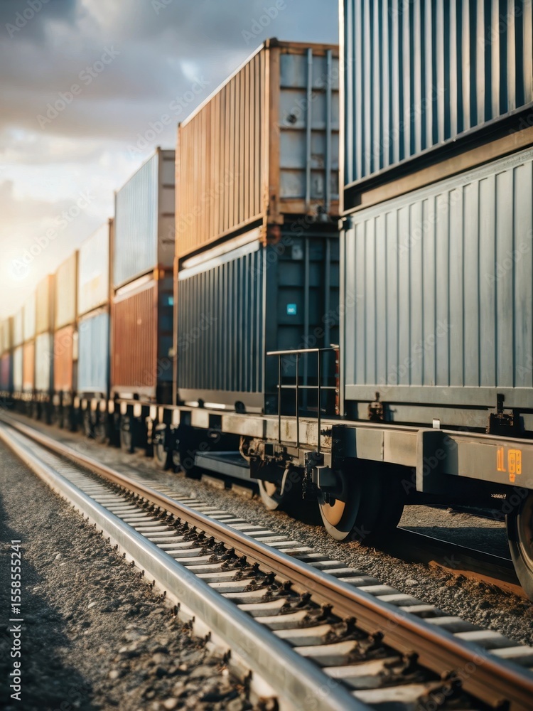 Cargo train with containers on flat track Cargo train with containers on flat track