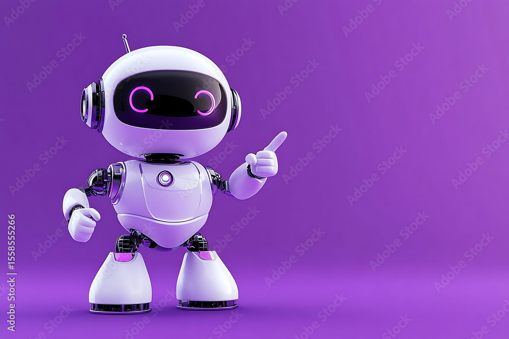 Friendly robot character with a playful gesture against a vibrant purple background Friendly robot character with a playful gesture against a vibrant purple background