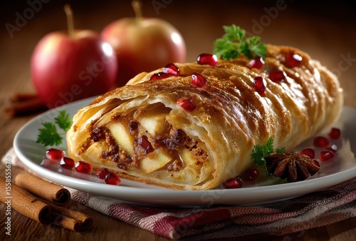 Delicious apple strudel with pomegranate seeds garnished on a wooden table, showcasing warm pastry, fresh apples, cinnamon sticks, and vibrant colors