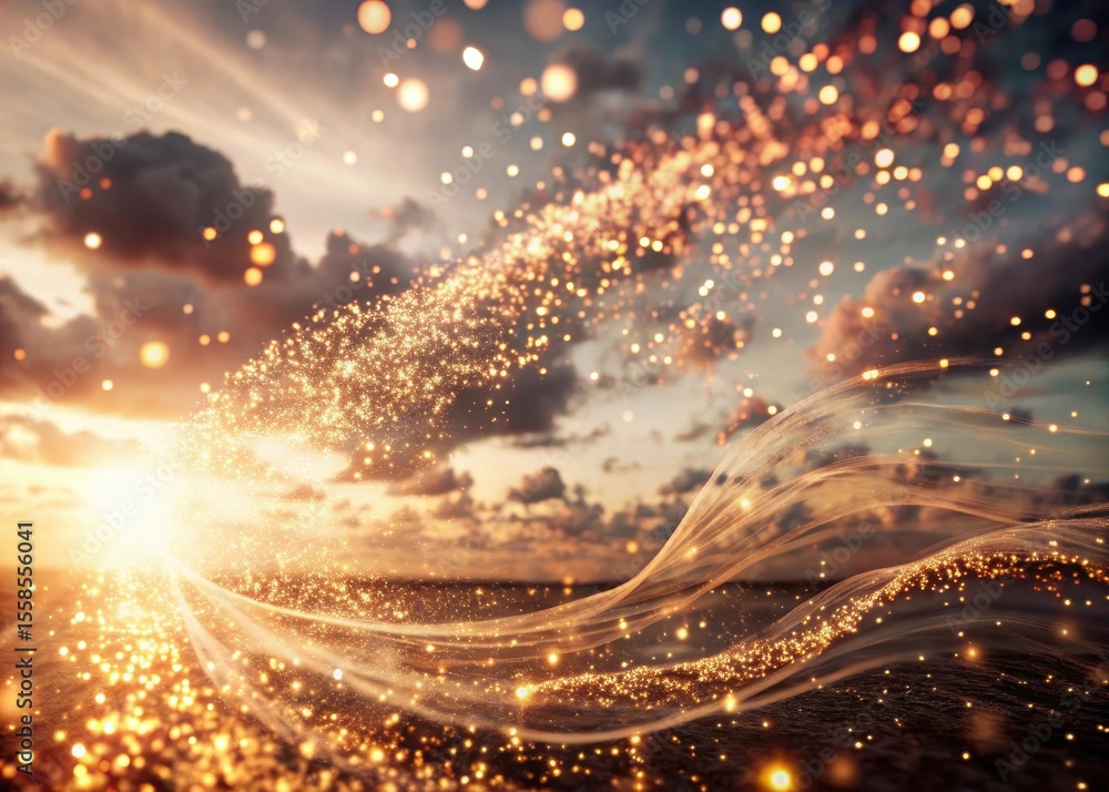 Naklejka premium Glittering particles swirl in a mesmerizing dance across the sky at sunset
