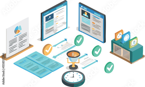 Isometric view of business documents, clock, trophy, and checkmarks arranged on a white background