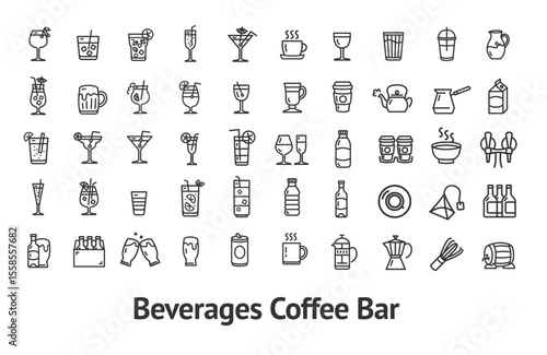 Beverage Coffee Bar Sign Black Thin Line Icon Set Include of Wine, Milk and Tea. Vector illustration of Icons