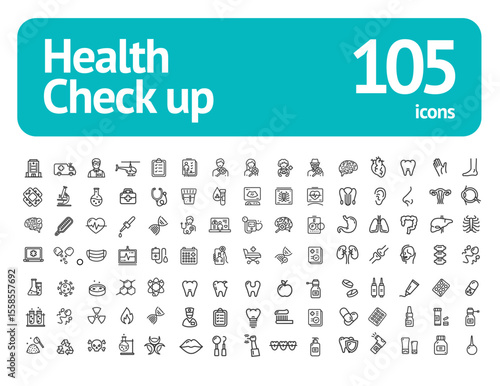 Health Check Up Sign Black Thin Line Icon Set Include of Hospital Building, Thermometer and Ampoule. Vector illustration of Icons