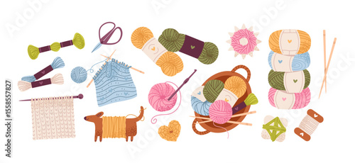 Cozy knitting essentials, yarn, needles, and handmade textures. Knitting and embroidery elements. Flat vector illustration.