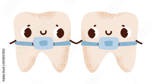 Cute characters of teeth in braces isolated on white background. Kids dental vector illustration.
