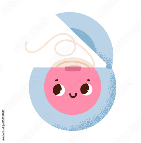 Cute dental floss character isolated on white background. Kids dental vector illustration.