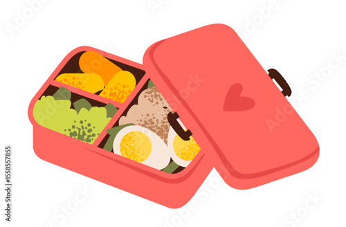 Cute flat vector illustration of a kids lunchbox with healthy food. School meal prep, eco-lifestyle, and zero waste inspiration. School lunch prep, bento box, vegetables, snacks.