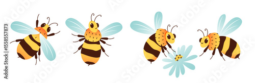 Honey bees, beehives, and blooming flowers. Bee and apiculture vector set with buzzing insects. Nature, farming, and sustainability concepts.