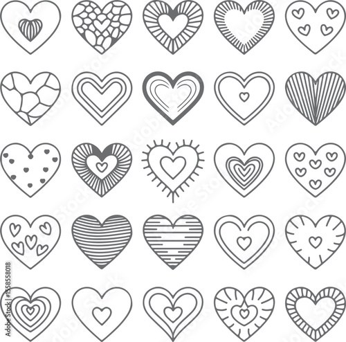 Collection of Twenty Five Gray Scale Hand Drawn Heart Silhouettes with Varied Patterns and Textures Romantic Love Symbols Set for Valentines Day