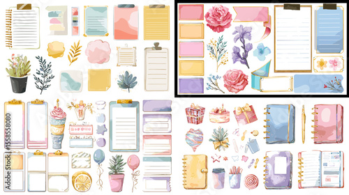 Creative stationery and pastel planner template illustration with floral elements, sticky notes, and watercolor decorations, perfect for journaling and digital planning.

