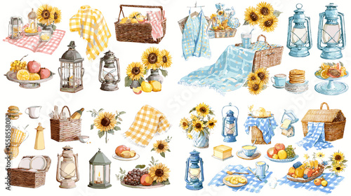Charming picnic illustration set with sunflowers, gingham cloths, fruits, and vintage lanterns, perfect for summer, rustic, or cozy outdoor design elements.

