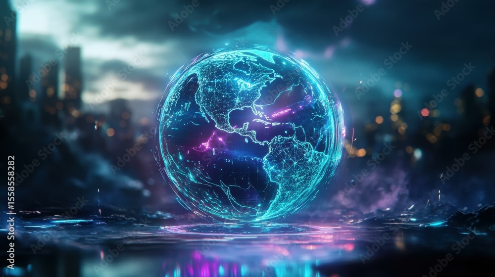 Fototapeta premium Globe illuminated with digital network lines in futuristic cityscape