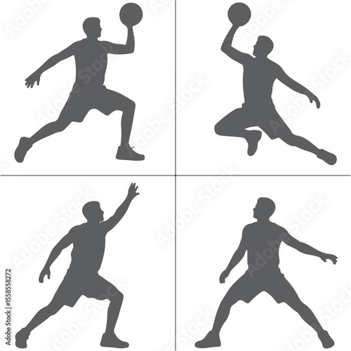 Four Gray Silhouettes of Basketball Players Dynamic Poses Action Sports Game Competition Athleticism