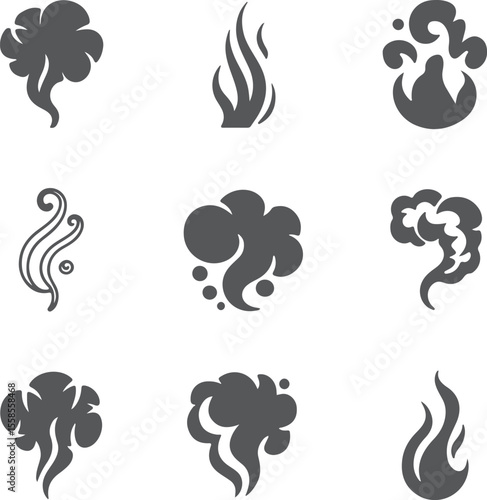 Nine stylized grayscale smoke and fire silhouettes vector illustrations abstract design elements various shapes swirling forms cloud puff flame icons