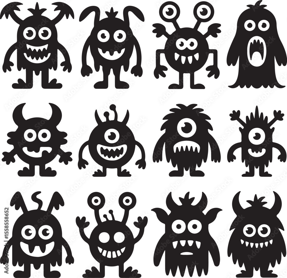 Obraz premium Twelve Black Silhouette Monsters Cartoon Characters Set Cute Funny Friendly Halloween Design Elements