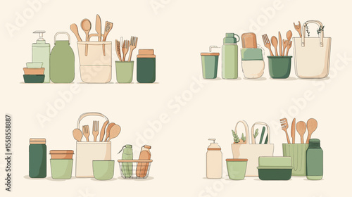 Minimal flat vector of eco-friendly kitchen utensils and containers in soft earthy tones, ideal for sustainable lifestyle and zero-waste design projects.

