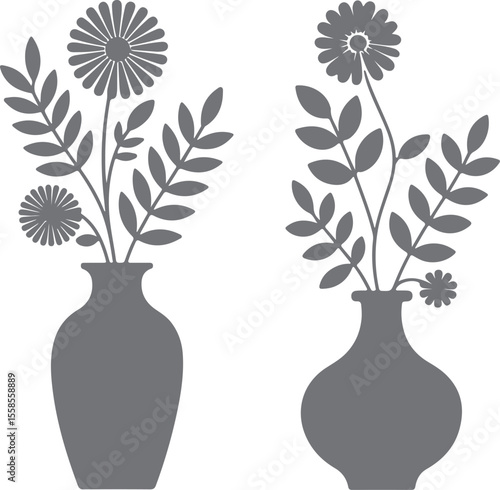 Two Gray Silhouette Flower Arrangements in Vases Simple Floral Design Gray Flowers and Leaves Botanical Illustration