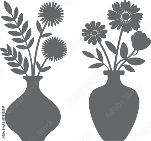Two Gray Silhouette Flower Arrangements in Vases Simple Floral Design Gray Scale Botanical Illustration Home Decor Print