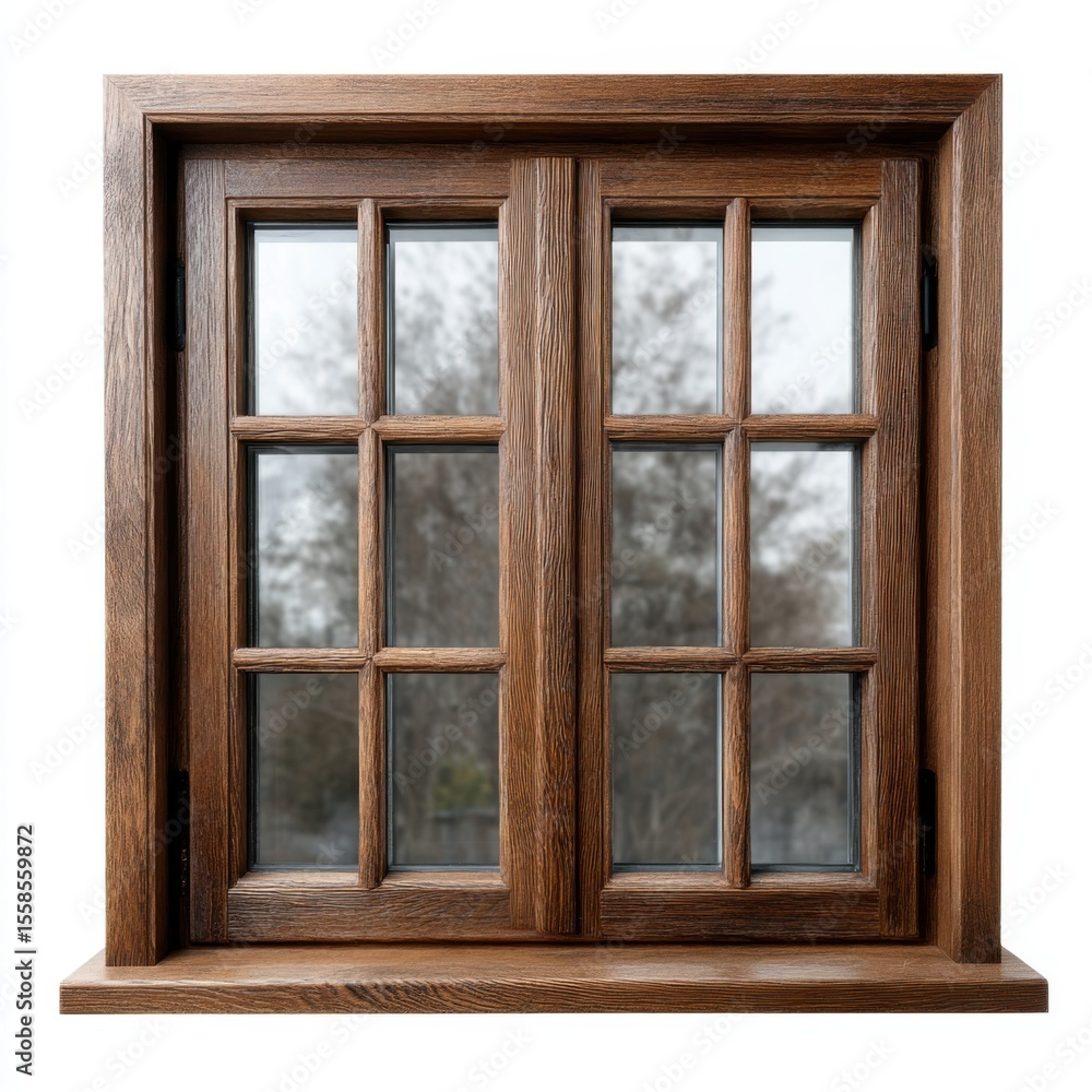 Classic wooden window with grids and a view of trees and foliage against a white background Classic wooden window with grids and a view of trees and foliage against a white background