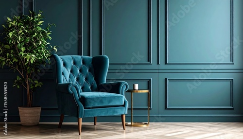 Wallpaper Mural Elegant Teal Armchair  Plant in Stylish Room with Panel Wall. Torontodigital.ca