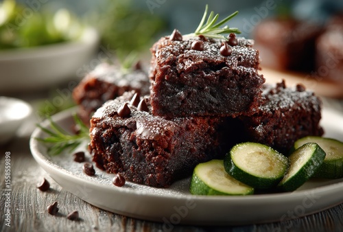 Delicious Chocolate Brownies with Chocolate Chips Served on a Plate Surrounded by Fresh Zucchini and Garnished with Powdered Sugar and Rosemary Sprig