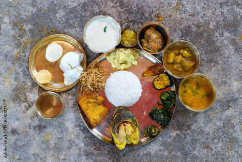 Traditional Bengali Thali for Aiburobhaat Celebration – Authentic Indian Cuisine with Rice, Fish Curry, and Festive Sweets