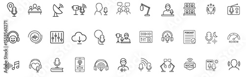Podcast and Audio Content Stroke Icon Collection. Containing Microphone, Headphones, Audio Wave, Podcast App, Streaming and more. Editable Line Vector Icons.