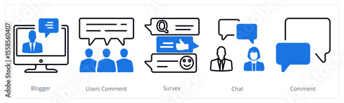 A set of 5 mix icons as blogger, user comment, survey