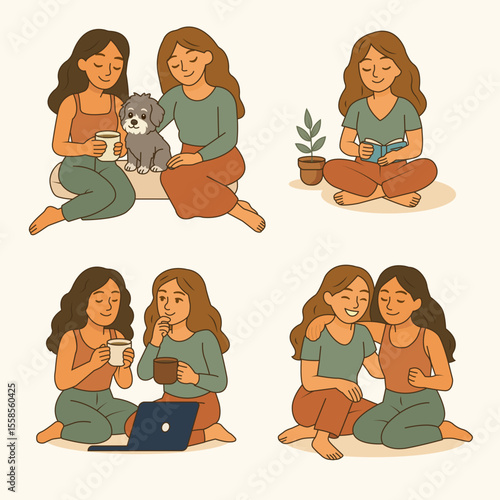Vector illustration set of cozy moments with diverse friends enjoying time together: drinking coffee, reading books, playing with a dog, and chatting with a laptop.