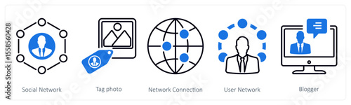 A set of 5 mix icons as social network, tag photo, network connection