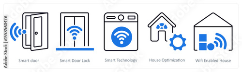 A set of 5 mix icons as smart door, smart door lock, smart technology