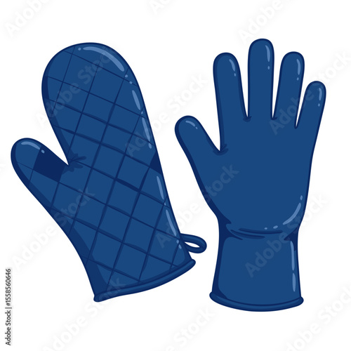 Vector illustration of a heat-resistant silicone oven mitt and glove in blue color