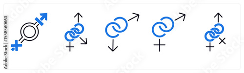 A set of 5 mix icons as gender, bisexual, male