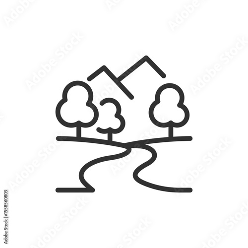 Landscape with river, trees, and mountains, linear icon. Nature and eco tourism. Line with editable stroke