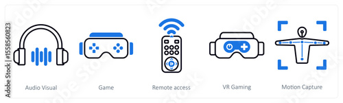A set of 5 mix icons as audio visual, game, remote access