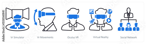 A set of 5 mix icons as vr simulator, vr movements, oculus vr