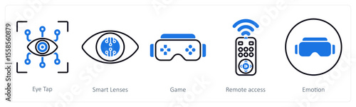 A set of 5 mix icons as eye tap, smart lenses, game