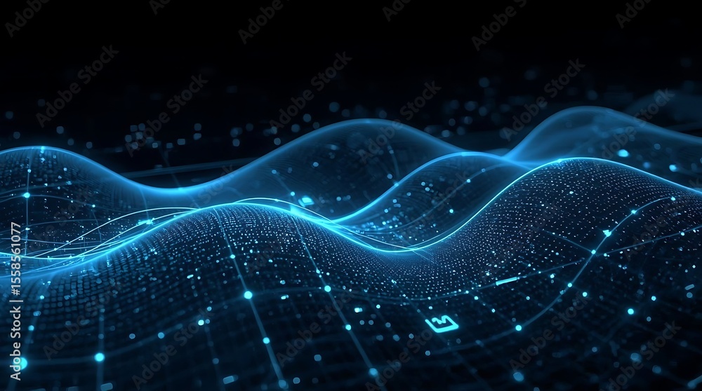 Naklejka premium Abstract blue glowing waves with connected dots and lines on a dark background rendering
